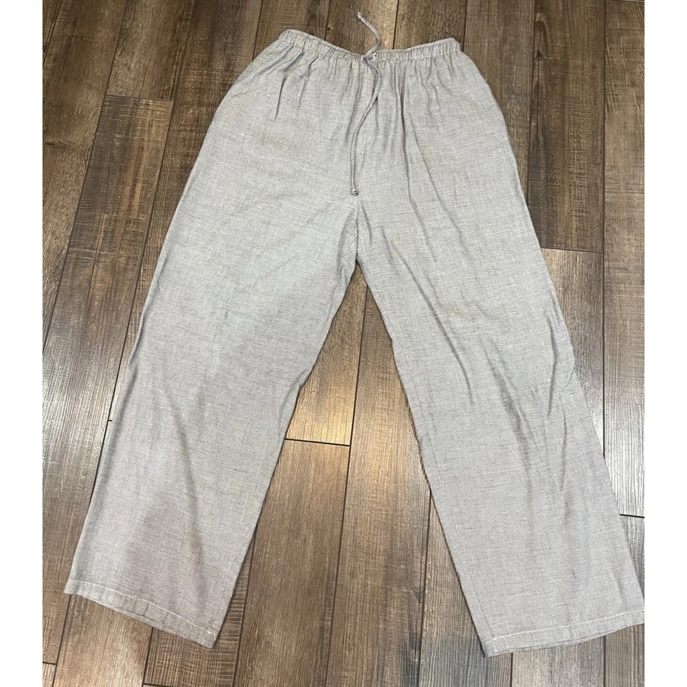 Vtg Wide Leg Drawstring Gray White Woven Rayon Flax High Rise Baggy Pants L Clio